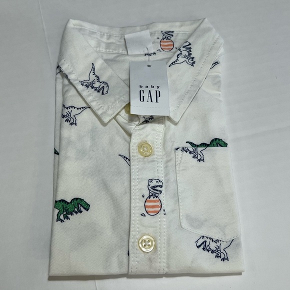 GAP White and Green Button Down Shirt with Dinosaur Print - Picture 1 of 10